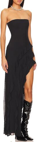 Capuffy Womens Tube Strapless Maxi Dress Ruffles Irregular Hem Cocktail Party Dress Off Shoulder High Slit Evening Dress 312 in Saudi Arabia