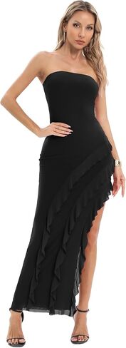 Capuffy Womens Tube Strapless Maxi Dress Ruffles Irregular Hem Cocktail Party Dress Off Shoulder High Slit Evening Dress 312 in Saudi Arabia