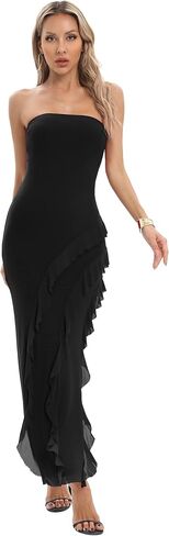 Capuffy Womens Tube Strapless Maxi Dress Ruffles Irregular Hem Cocktail Party Dress Off Shoulder High Slit Evening Dress 312 in Saudi Arabia