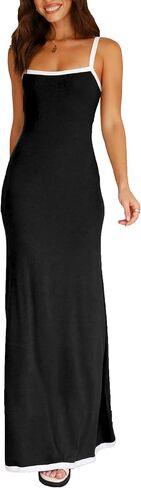 Summer Knit Maxi Dress Sleeveless Contrasting Edges Elasticated Straps Long A-Line Bodycon Slim Dress in Saudi Arabia