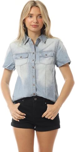 Design by Olivia Women's Cap Sleeve Button Down Denim Chambray Shirt in Saudi Arabia