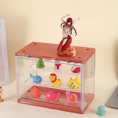 Clear Assemble Display Case with Magnetic Door for Action Figures, 3 Tier Stackable Transparent Dustproof Storage Blind Case for Shoe Miniature Collectibles Protection Showcase,Orange Pink in Saudi Arabia