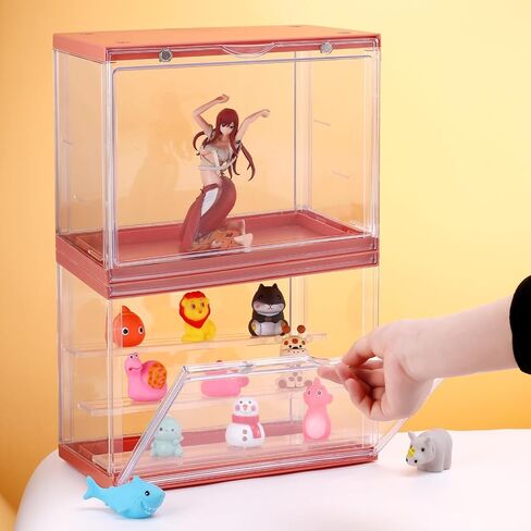 Clear Assemble Display Case with Magnetic Door for Action Figures, 3 Tier Stackable Transparent Dustproof Storage Blind Case for Shoe Miniature Collectibles Protection Showcase,Orange Pink in Saudi Arabia