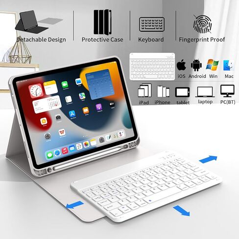 حافظة لوحة مفاتيح لجهاز iPad الجيل العاشر (2022) مقاس 10.9 بوصة، لوحة مفاتيح بلوتوث لاسلكية قابلة للفصل، غطاء حماية رفيع وخفيف الوزن مع حامل أقلام لجهاز iPad الجيل العاشر، رمادي in Kuwait