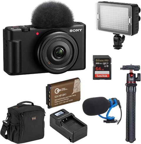 Sony ZV-1F Vlog Camera for Content Creators and Vloggers, Black Bundle with LED Light, Tripod, Extra Battery & Charger w/Screen, SD Card, Shotgun Microphone, Shoulder Bag in Saudi Arabia