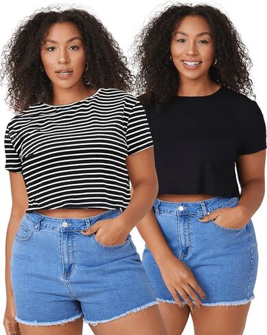 Floerns Women's Plus Size 2 Pcs Basic Short Sleeve Solid Crop Tops Tee Shirts in Kuwait