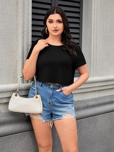 Floerns Women's Plus Size 2 Pcs Basic Short Sleeve Solid Crop Tops Tee Shirts in Kuwait