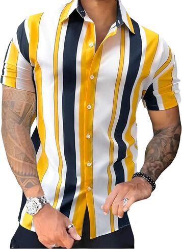 GORGLITTER Men's Hawaiian Striped Short Sleeve Shirt Button Down Collar Neck Summer Shirts in Saudi Arabia