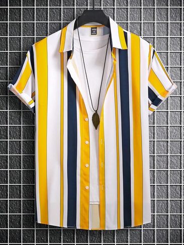 GORGLITTER Men's Hawaiian Striped Short Sleeve Shirt Button Down Collar Neck Summer Shirts in Saudi Arabia