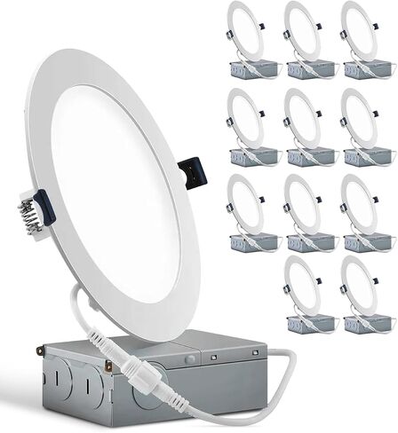 12 Pack 4 Inch 4000K (Day White) Ultra-Thin LED Recessed Ceiling Light with Junction Box, 9W, 750LM High Brightness LED Can Light- ETL and Energy Star Certified in Saudi Arabia