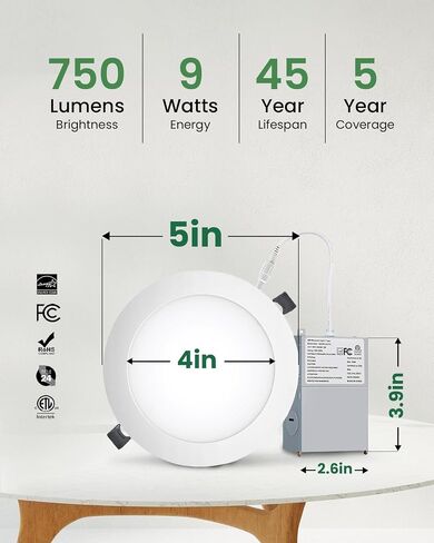 12 Pack 4 Inch 4000K (Day White) Ultra-Thin LED Recessed Ceiling Light with Junction Box, 9W, 750LM High Brightness LED Can Light- ETL and Energy Star Certified in Saudi Arabia