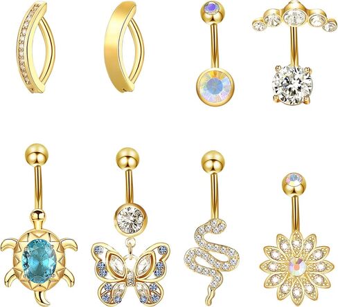 Dochais 8PCS Belly Button Ring Surgical Steel Gold Belly Button Rings for Women Clicker Belly Rings Dangle Belly Button Rings CZ Navel Rings Butterfly Belly Piercing Barbell in Saudi Arabia