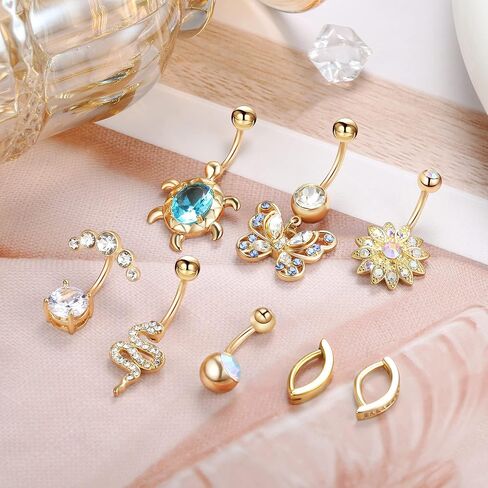 Dochais 8PCS Belly Button Ring Surgical Steel Gold Belly Button Rings for Women Clicker Belly Rings Dangle Belly Button Rings CZ Navel Rings Butterfly Belly Piercing Barbell in Saudi Arabia