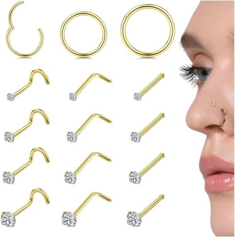 LOYALLOOK 15Pcs 20G 18G Nose Rings Studs 316L Surgical Steel Gold Nose Rings for Women Men Hypoallergenic Hinged Seamless Clicker Segment Nose Rings Hoops 6mm 8mm 10mm Helix Cartilage Tragus Conch Hoop Earrings 1.5mm-3mm Clear CZ in Saudi Arabia