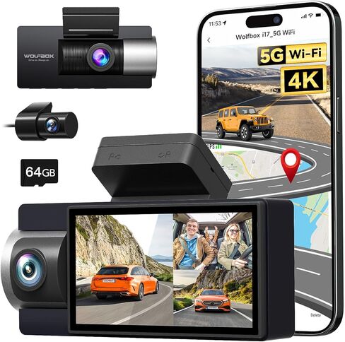 WOLFBOX 4K 3 Channel Dash Cam مدمج 5G WiFi GPS، 4K+1080P+1080P أمامي وخلفي من الداخل، بطاقة مجانية سعة 64 جيجابايت، كاميرا سيارة ثلاثية مع شاشة 3 بوصة، رؤية ليلية بالأشعة تحت الحمراء، مستشعر G، وضع انتظار السيارات على مدار 24 ساعة in Kuwait