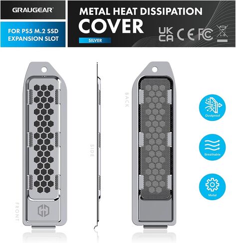 GRAUGEAR Metal Heat Dissipation Cover for PS5 Pro/Slim M.2 SSD Expansion Slot | Fit for M.2 NVMe SSD with Heatsink | New Breathable Cellular Hole | Cooling and Dust Proof | Silver in Kuwait