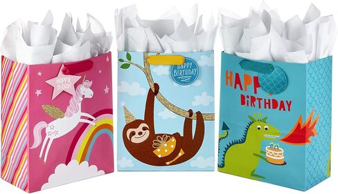 Hallmark 13" Large Kids Birthday Gift Bags Assortment with Tissue Paper - Sloth, Dinosaur, Unicorn (Pack of 3 Gift Bags, 9 Sheets of Tissue Paper) in Saudi Arabia