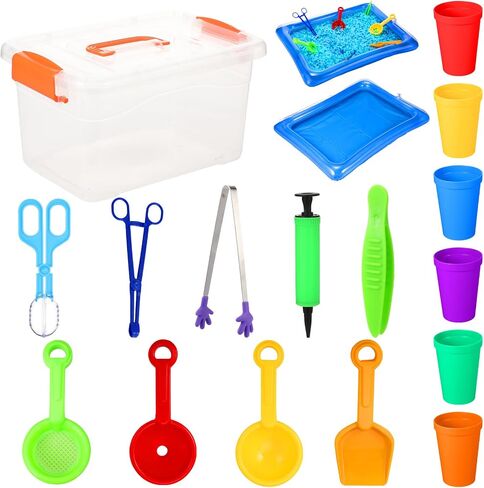 Syhood 17 Pcs Fine Motor Skills Toys Sensory Bin Filler Include Scissor Clip, Tweezer, Disinfectant Forceps, Manual Air Pump, Transparent Storage Box, Inflatable Sand Table, 4 Shovels, 6 Stacking Cups in Saudi Arabia