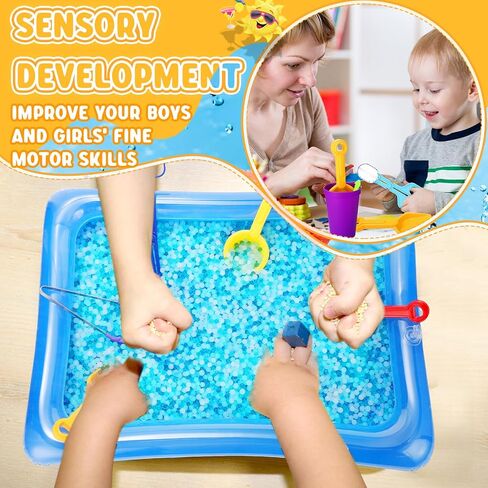 Syhood 17 Pcs Fine Motor Skills Toys Sensory Bin Filler Include Scissor Clip, Tweezer, Disinfectant Forceps, Manual Air Pump, Transparent Storage Box, Inflatable Sand Table, 4 Shovels, 6 Stacking Cups in Saudi Arabia
