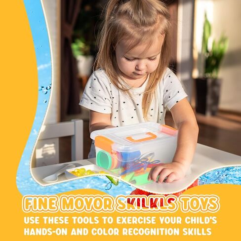 Syhood 17 Pcs Fine Motor Skills Toys Sensory Bin Filler Include Scissor Clip, Tweezer, Disinfectant Forceps, Manual Air Pump, Transparent Storage Box, Inflatable Sand Table, 4 Shovels, 6 Stacking Cups in Saudi Arabia