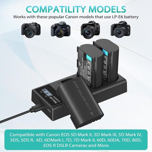 بطارية بديلة LP LP-E6N LP-E6، 2 منفذ شحن USB-C بقدرة 2600 مللي أمبير في الساعة in Kuwait