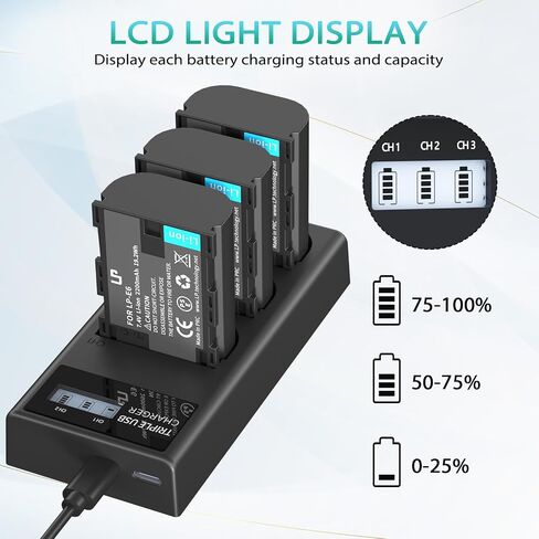 بطارية بديلة LP LP-E6N LP-E6، 2 منفذ شحن USB-C بقدرة 2600 مللي أمبير في الساعة in Kuwait