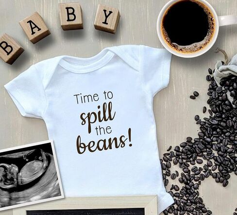 Time to Spill The Beans Pregnancy Announcement Bodysuit Coffee Beans Reveal Romper Infant Shower Gift (0-6 Months, Letter Print-Short Sleeve Bodysuit) in Saudi Arabia