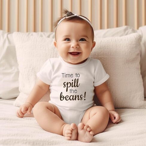 Time to Spill The Beans Pregnancy Announcement Bodysuit Coffee Beans Reveal Romper Infant Shower Gift (0-6 Months, Letter Print-Short Sleeve Bodysuit) in Saudi Arabia