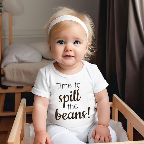 Time to Spill The Beans Pregnancy Announcement Bodysuit Coffee Beans Reveal Romper Infant Shower Gift (0-6 Months, Letter Print-Short Sleeve Bodysuit) in Saudi Arabia