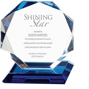 Custom Engraved - Blue Highlighted Luminary Octagon Trophy - Crystal Award - Personalized Engraving Up to Three Lines and Pre-Written Verse Selection - Quick - Gift Boxed