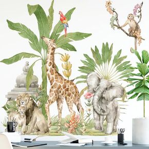 Tropical Rainforest Jungle Animals Wall Stickers, sacinora Giraffe Lion Elephant Monkey Wild Animal Wall Decal Removable Vinyl Peel and Stick for Living Room Bedroom Children's Room Nursery Decoration