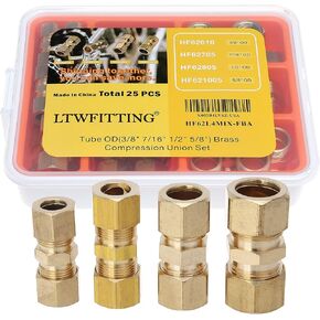 LTWFITTING Assortment Kit Tube OD 3/8" 7/16" 1/2" 5/8" Brass Compression Union Set (Pack of 25)