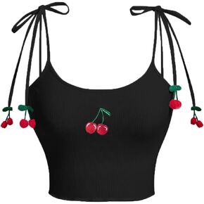 SHENHE Women's Cherry Embroidered Tops Bow Tie Spaghetti Strap Crop Tops Lettuce Trim Cute Summer Top
