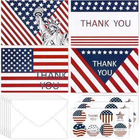 32 Pack Patriotic Thank You Cards with Envelopes Stickers American Flag Greeting Cards 4th of July USA Note Cards for Party Essentials Independence Day and All Occasions