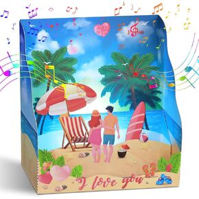 Happy Anniversary Card, Lights & Music Anniversary Card, 3D Pop Up Beach Valentine's Day Card for him her Couple Husband Wife Parents Friend Wedding Anniversary Present (Beach)