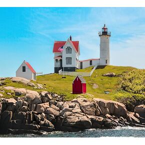 منارة اللوحة الماسية منتصف النهار في منارة Nubble Aka Cape Neddick York Maine USA، ألوان نابضة بالحياة لأطقم الرسم للبالغين فن الماس مثالي لديكور جدار المنزل 12 بوصة × 16 بوصة