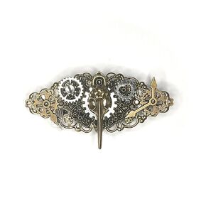 Steampunk Gothic Gear Two Way French Barrette Brooch Pin and Alligator Hair Clip Set Vintage Bronze Tone