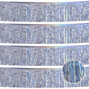 Laser Silver Christmas Decorations Tinsel Garland Parade Float Decorations for Trailer 4Pack 12FT Christmas Party Decor Ceiling Fringe Banner Silver Backdrop for Streamers Party Decorations