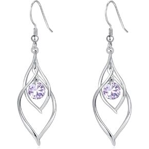 Birthstone Dangle Drop Earrings for Women - 925 Sterling Silver Birthstones Double Twist Leaf Linear Swirl Earrings Infinity Gemstone Piercing CZ Earring, Classic Jewelry Birthday Gift for Teen Girls