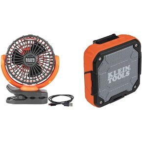 Klein Tools PJSFM1 Cordless Rechargeable Fan with USB-C Charging Cord and Multiple Mounting Options & AEPJS3 Bluetooth Jobsite Speaker With Magnet and Hook, 20-Hr Run Time