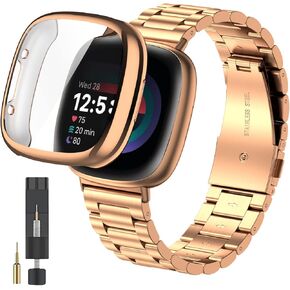 ZPJPPLX for Fitbit Versa 4/Sense 2 Solid Stainless Steel Wrist Band with Watch Case,for Versa 3/Sense Metal Replacement Straps and Screen Protection Case for Women Men