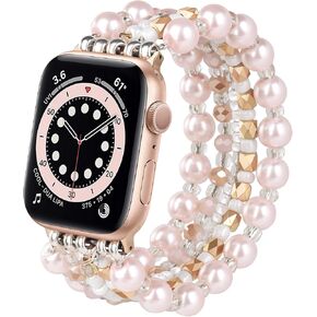 VISOOM Beaded Bracelet Compatible for Apple Watch Band 40mm/38mm/41mm Series 9 8 7 SE Series 6/5/4 Women Fashion Cute Handmade Pearl Stretchy Watch Strap for iWatch Bands Series 3/2/1 Replacement