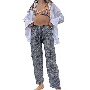 TINKUY Women's & Men's Cotton Summer Beach Boho Yoga Beach Harem Jogger Striped Lounge Lightweight Pants