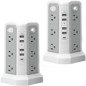 PASSUS 1625W|13A شريط طاقة مع منفذ USB C، برج حامي Sugre مع منافذ متعددة، سلك 10FT مسطح لحماية التحميل الزائد لأساسيات غرفة النوم في المكتب المنزلي