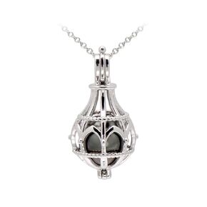 Cultured Tahitian Black Pearl Sterling Silver Locket Cage Pendant Necklace, White Gold Plated