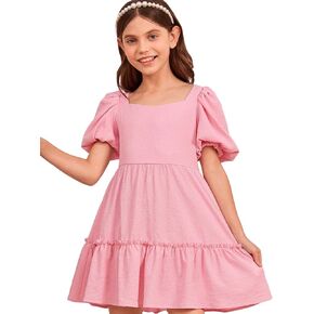 WDIRARA Girl's Ruffle Hem Puff Sleeve Square Neck Frill A Line High Waist Summer Smock Dress