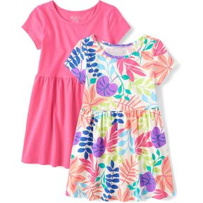 The Children's Place Girls' Short Sleeve Everyday Dresses, Pink Tropic 2-Pack