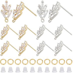 CREATCABIN 1 Box 12Pcs 2 Color 18K Gold Plated Brass Cubic Zirconia Earrings Stud Post Loop Jewelry Making Findings with 50Pcs Jump Rings 50Pcs Rubber Earring Rubber Backs Stopper DIY Crafts Supplies