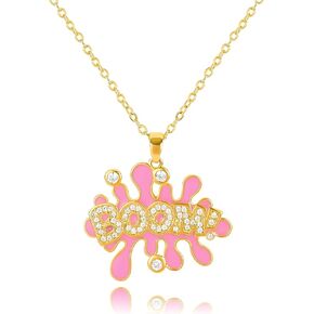 Fun BOOM Pendant Necklace for Women Pink Enamel Art Paint Graffiti 14K Gold Plated Cubic Zirconia BOOM Words Pendant Necklace Cute Charm Necklace Adjustable Chain Summer Party Jewelry Gift for Girls