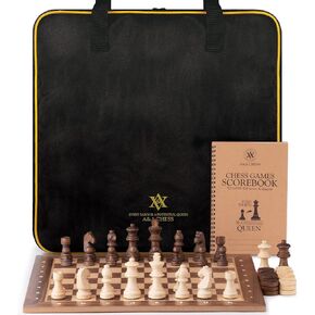A&A Professional Wooden Chess and Checkers Set, 15.5" Wooden Board with 3" Weighted Wooden Chess Pieces, Chess Scorebook and Storage Bag